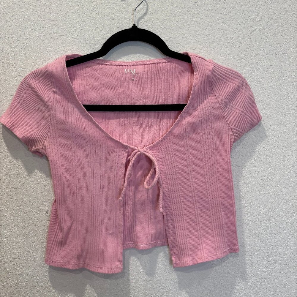 PacSun Pink Ribbed Tie Front Crop Top Womens XS Short Sleeve Cardigan Style